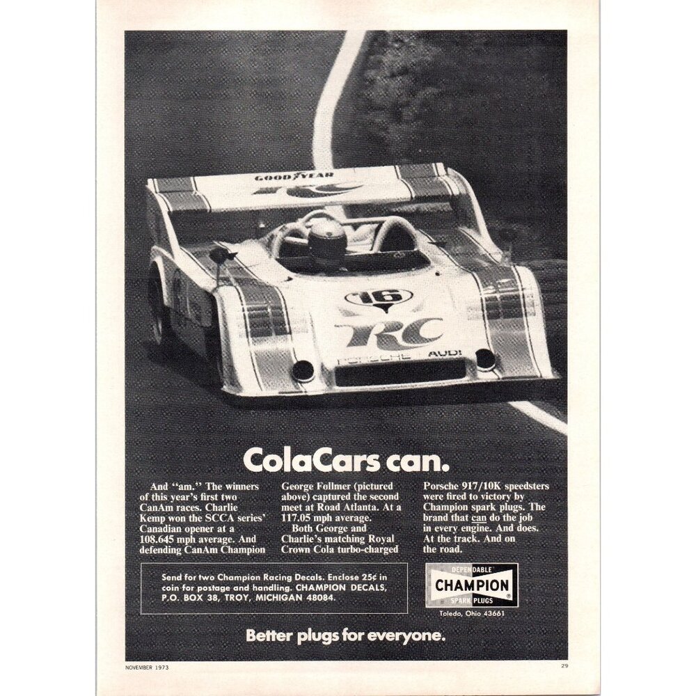 1973 Champion Spark Plugs SCCA Road Atlanta Race Car Vintage Print Ad Wall Art